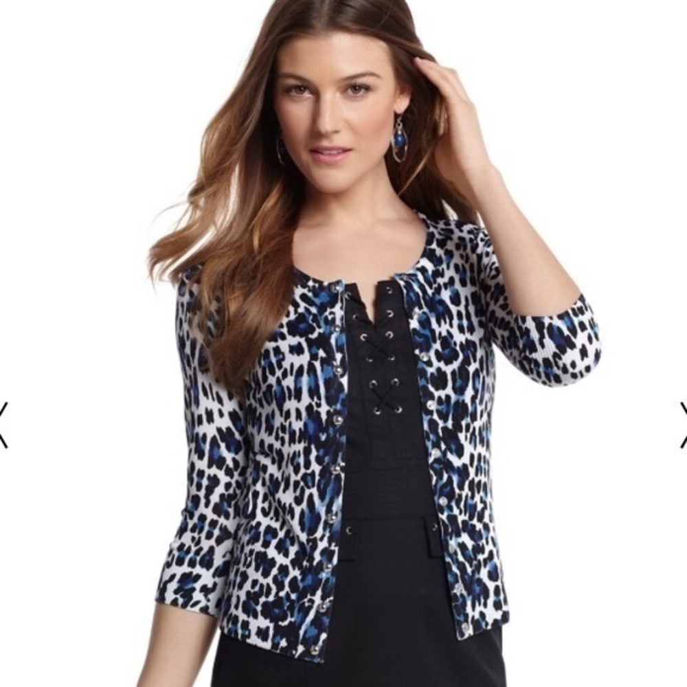 White House black market blue white cheetah cardigan sweater